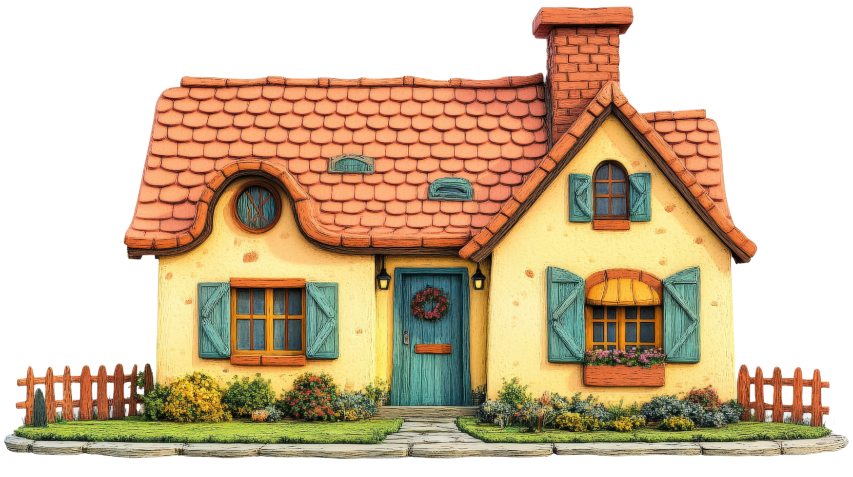 A small house with a red roof and blue shutters png