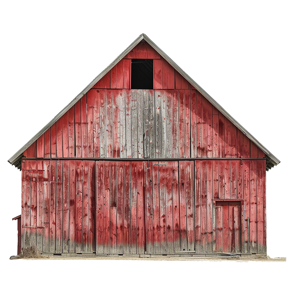 Rustic Red Barn with Weathered Wood and Gabled Roof in a Farm Setting png