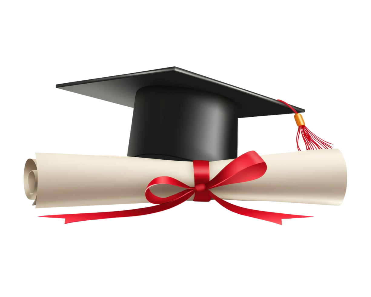 A graduation cap and diploma with red ribbon png