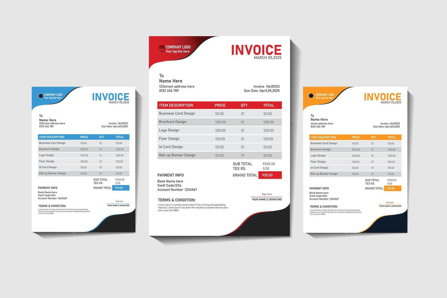 Set of three modern invoice templates . vector