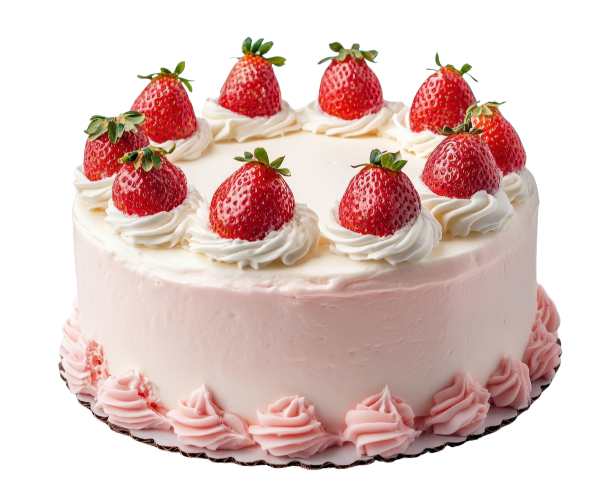 A strawberry cake with cream frosting and strawberries png