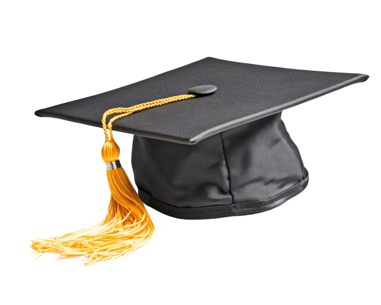 A graduation cap with a yellow tassel png
