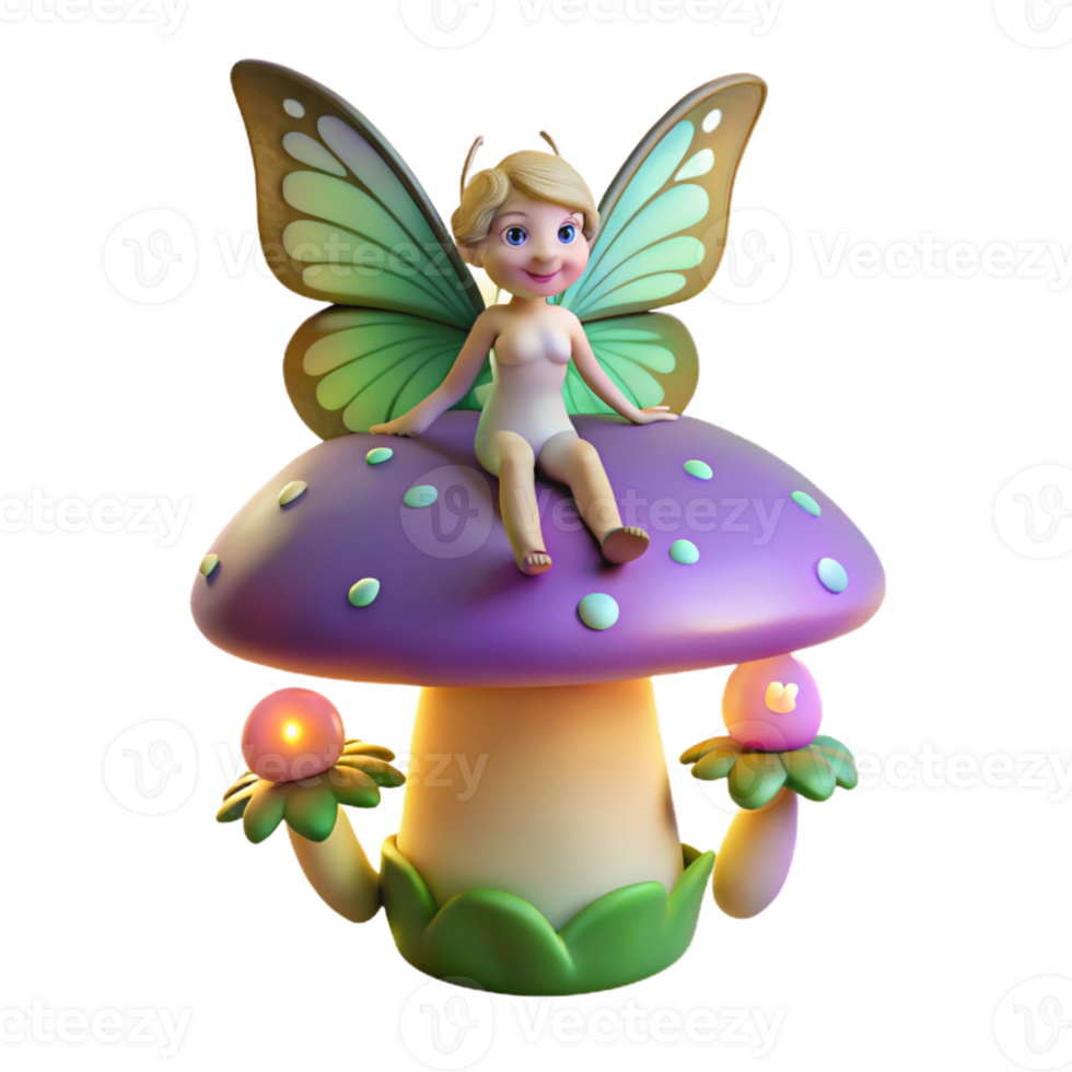 vibrant artistic A mischievous forest sprite with iridescent butterfly wings, perched on a giant glowing mushroom, surrounded by fireflies. Soft, diffused lighting. Dreamlike, whimsical style genuine png