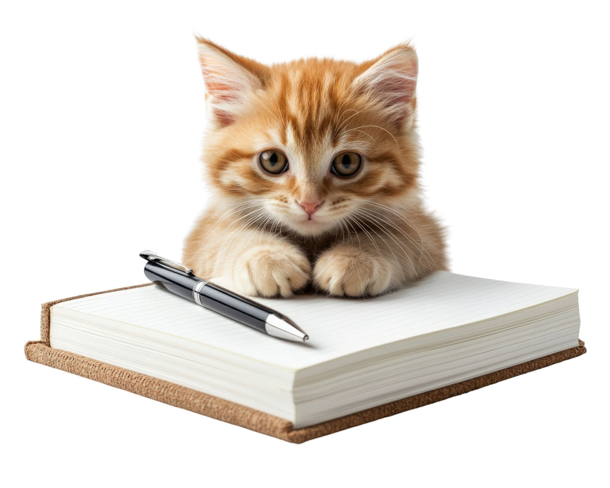 A kitten sitting on top of a book with a pen png