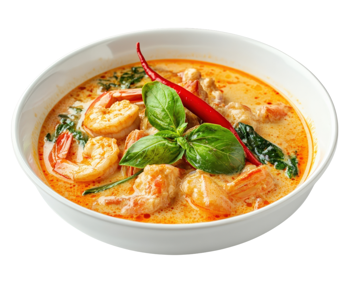 A bowl of curry with shrimp and spinach png