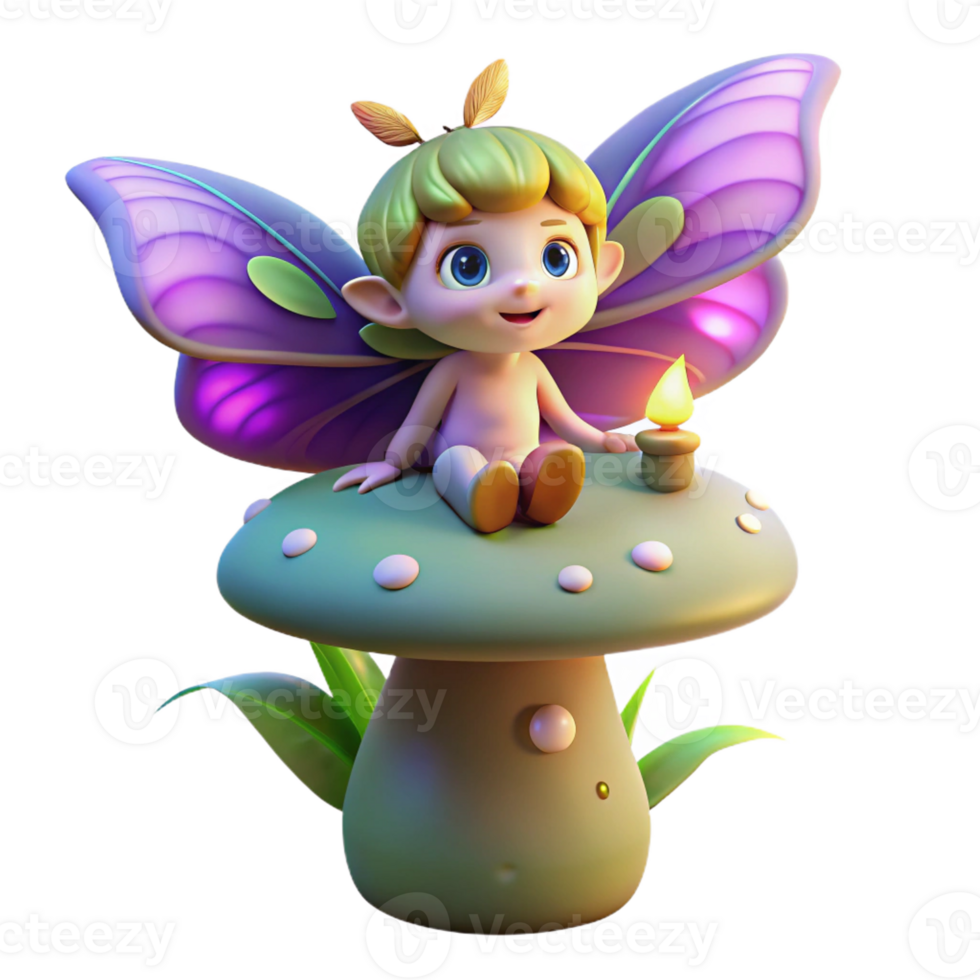 serene artistic A mischievous forest sprite with iridescent butterfly wings, perched on a giant glowing mushroom, surrounded by fireflies. Soft, diffused lighting. Dreamlike, whimsical style exclusive png