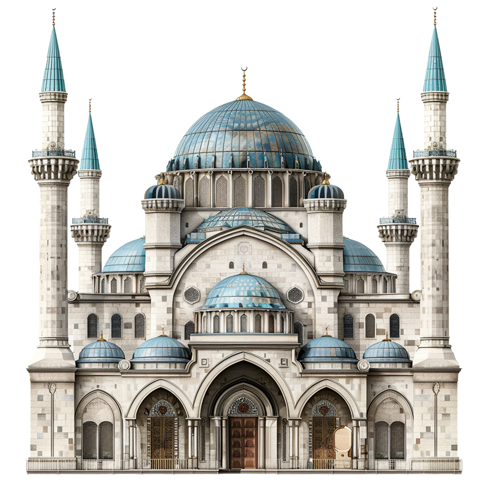 Magnificent Architectural Design of a Grand Mosque with Multiple Domes Minarets png