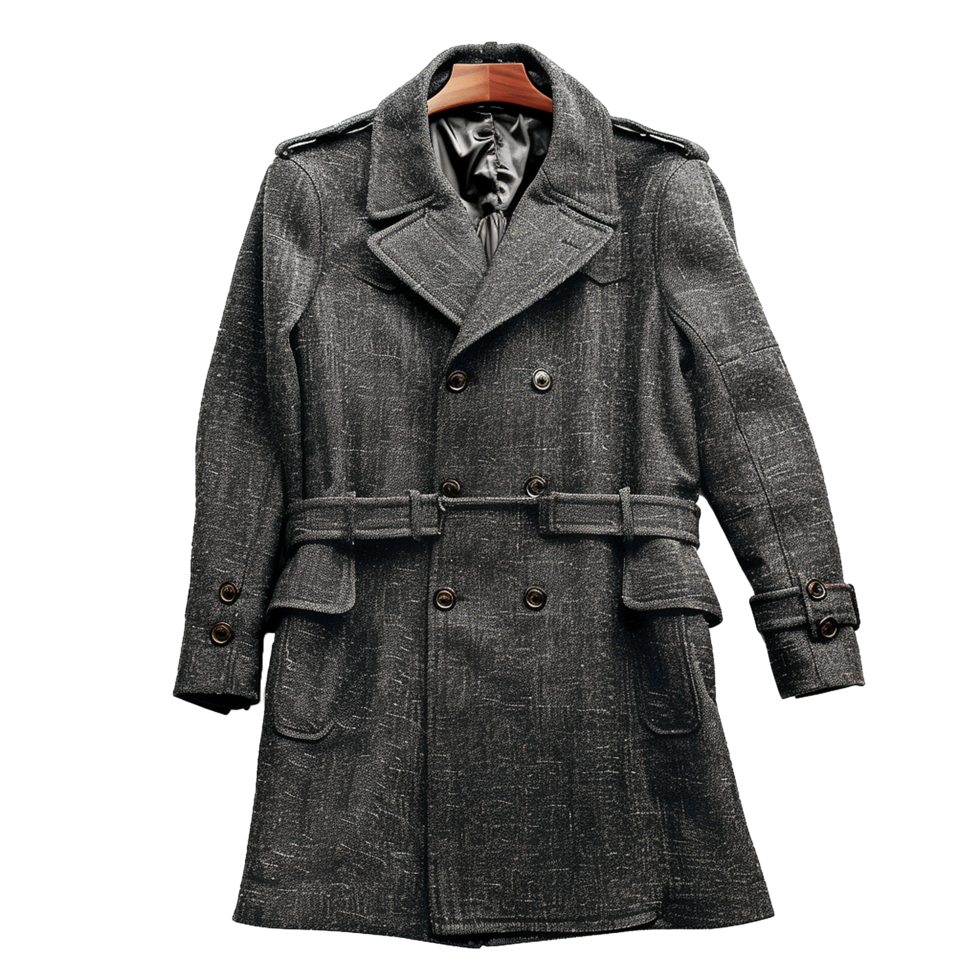 Stylish Men's Double Breasted Gray Tweed Overcoat with Belt png