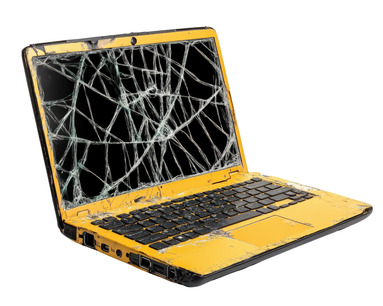 A cracked laptop computer with a yellow screen png