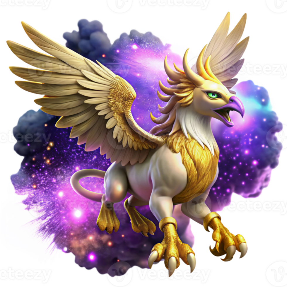 elegant artistic A powerful griffin with golden feathers and piercing emerald eyes, soaring through a swirling nebula of purple and gold. Backlighting. Epic, majestic style detailed png