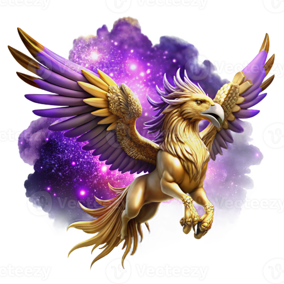 vibrant classic A powerful griffin with golden feathers and piercing emerald eyes, soaring through a swirling nebula of purple and gold. Backlighting. Epic, majestic style professional png