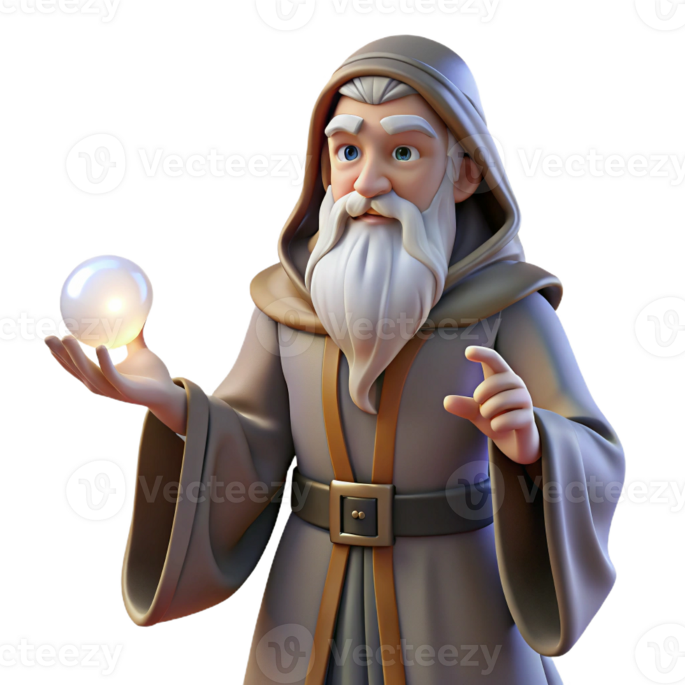 stunning creative A wise old wizard with a long white beard and intricate robes, holding a glowing orb in his outstretched hand. Rembrandt lighting. Classical, realistic style exclusive png