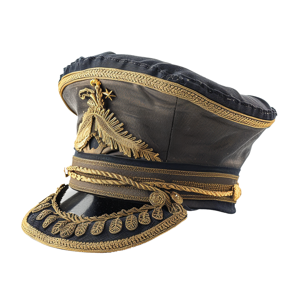 Ornate Military Officer's Peaked Cap with Gold Braid and Embroidered Detailing png