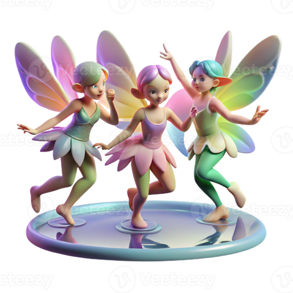 extraordinary classic A group of playful pixies dancing around a moonlit pond, their wings shimmering with rainbow hues. Soft, ethereal lighting. Impressionistic style 4K png