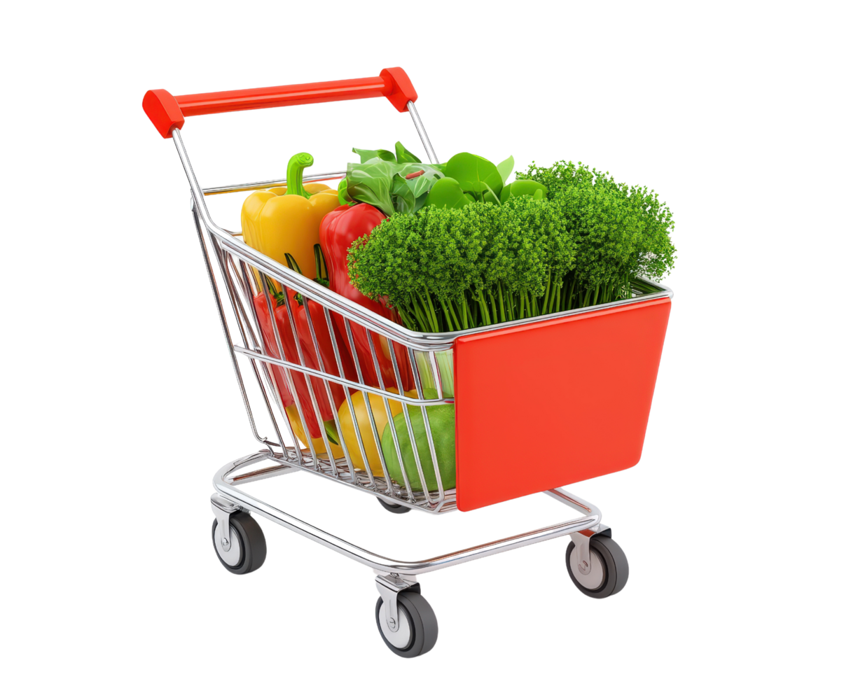 A shopping cart filled with vegetables and fruits png