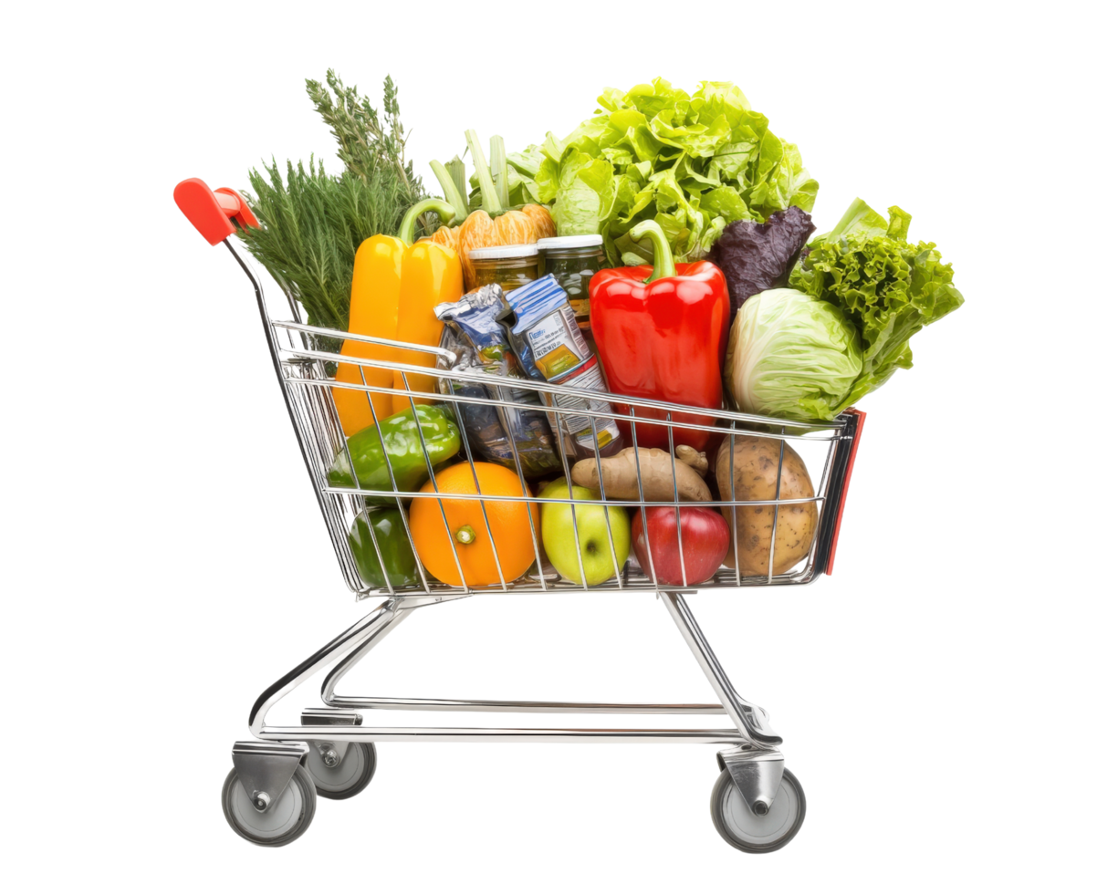 A shopping cart full of fresh vegetables and fruits png