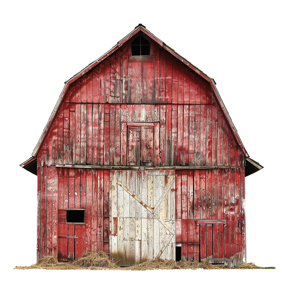 Rustic Red Barn with Weathered Wood and Hay in Front png
