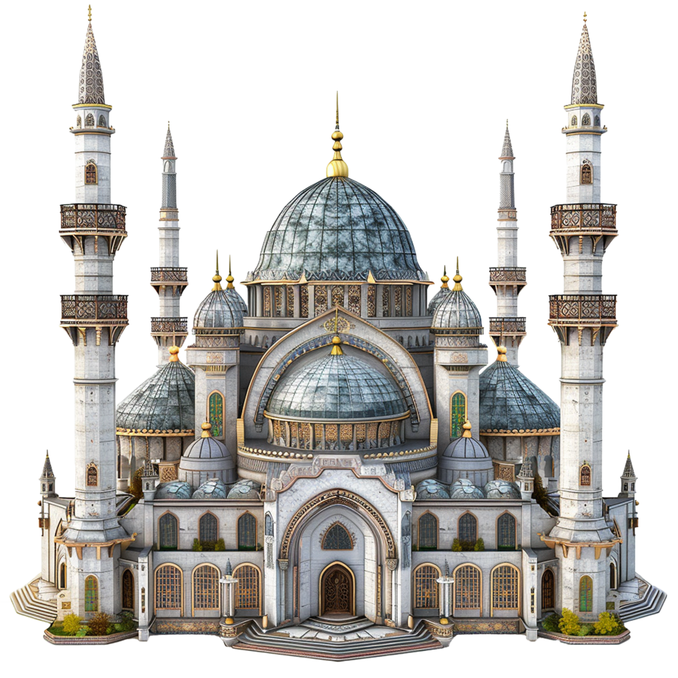 A Magnificent Architectural Rendering of a Grand Mosque with Multiple Domes and Minarets png