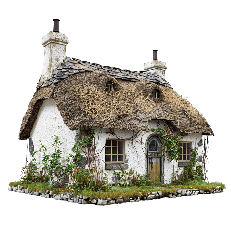 Charming ThatchedRoof Cottage with Whitewashed Walls and Abundant Greenery png