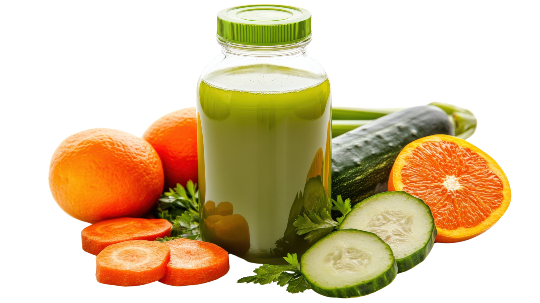 A bottle of juice with vegetables and oranges png