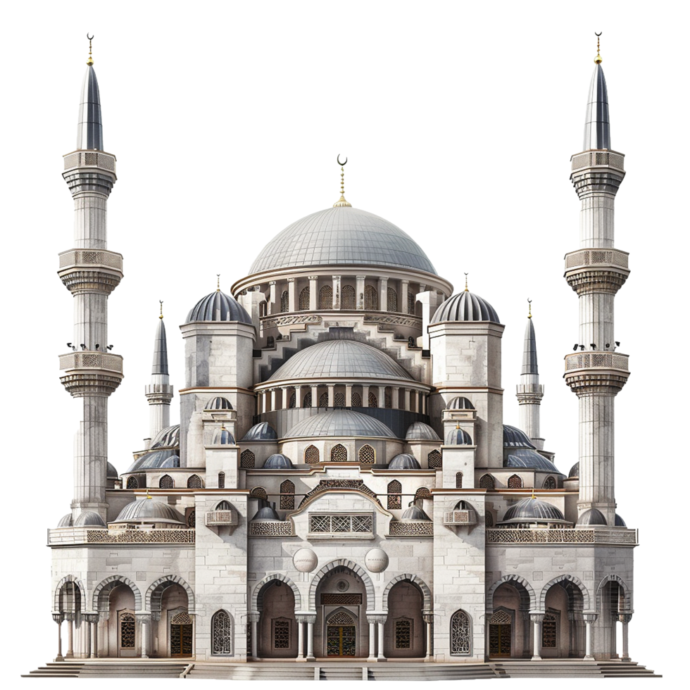 Magnificent Architectural Rendering of a Grand Mosque with Multiple Domes png