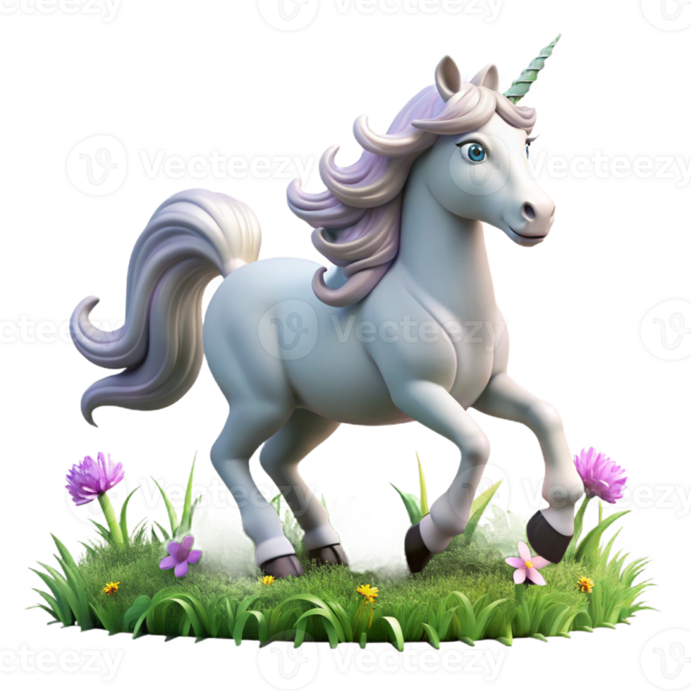 elegant modern A majestic unicorn with a silver horn and flowing mane, galloping across a field of wildflowers. Bright, sunny lighting. Romantic, fairytale style genuine png