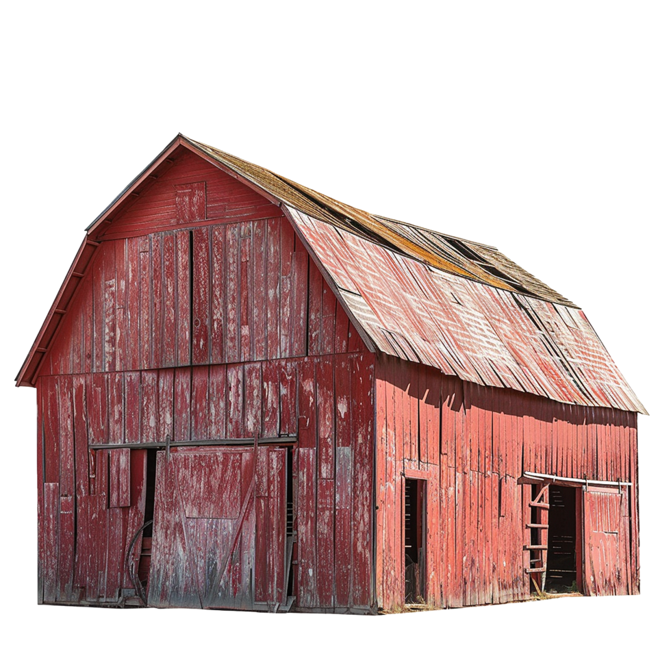 A weathered red barn stands in a field showcasing its rustic charm and aged beauty png
