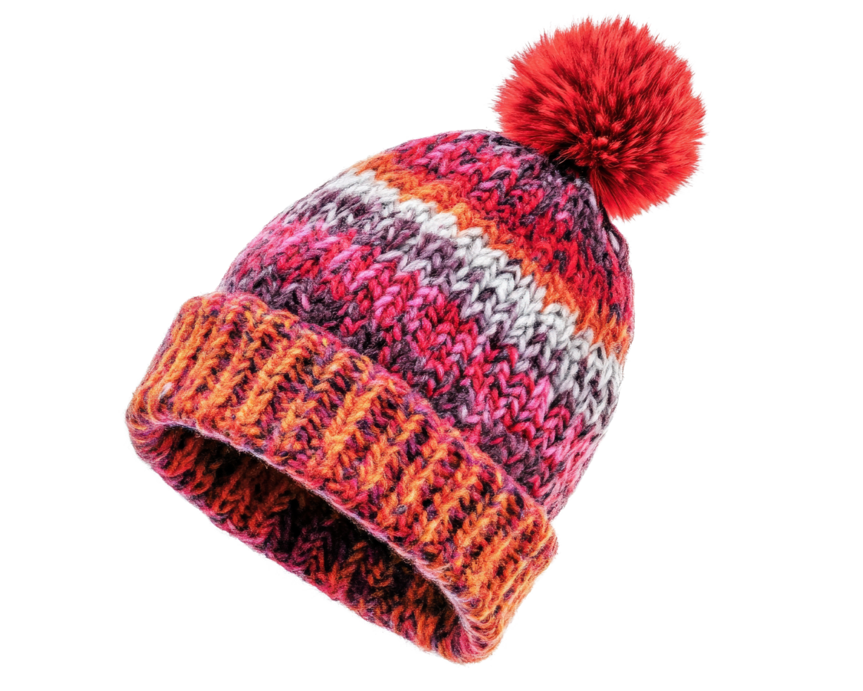 A knitted hat with a red, orange and pink pom pom png