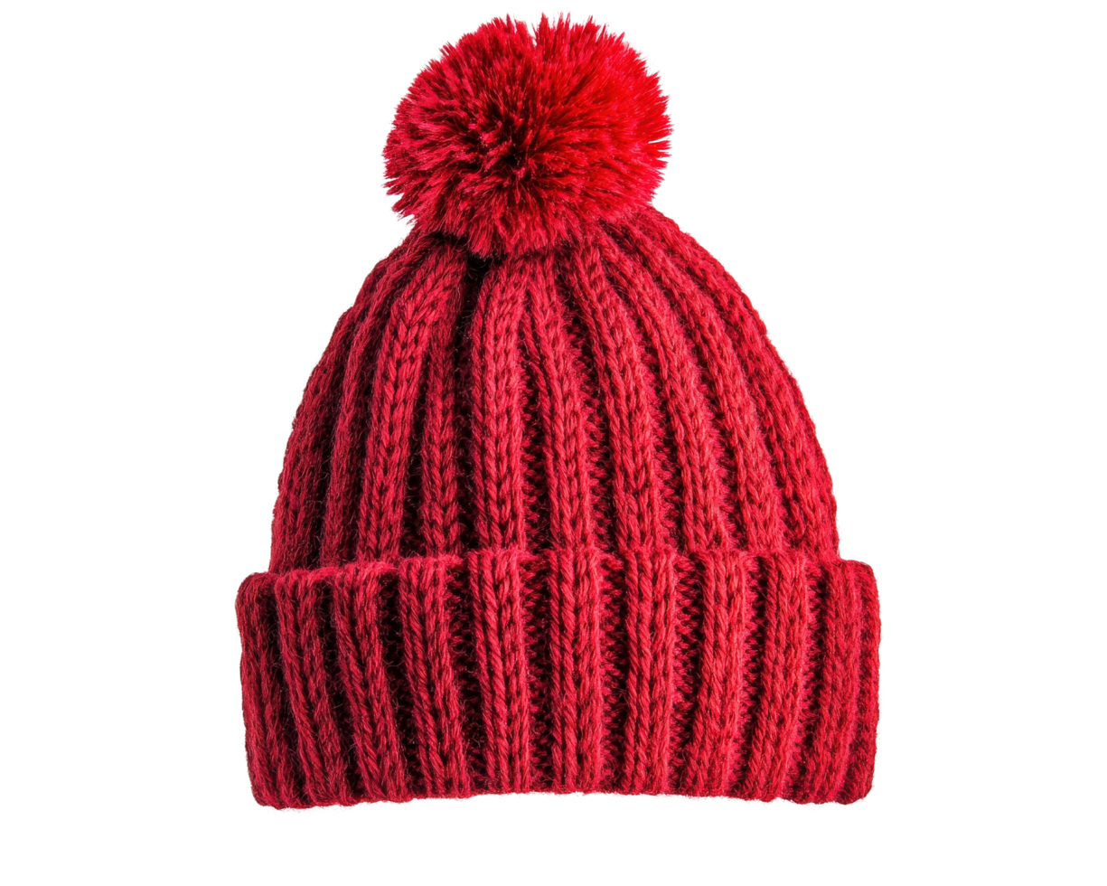 A red knitted beanie hat with a pom pom png