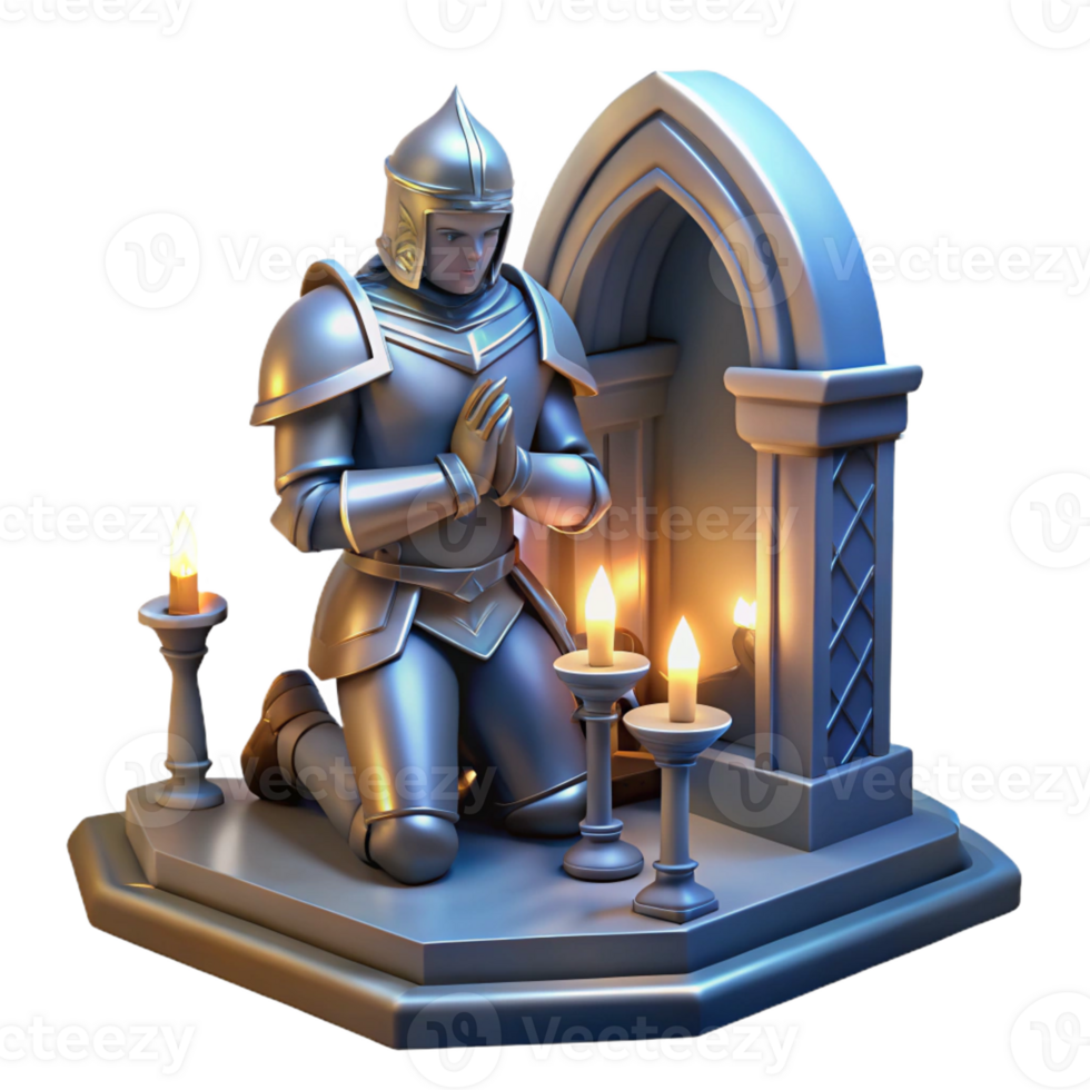 beautiful abstract A stoic knight in shining armor, kneeling before a mystical altar. Soft, glowing lighting. Medieval, heroic style high resolution png