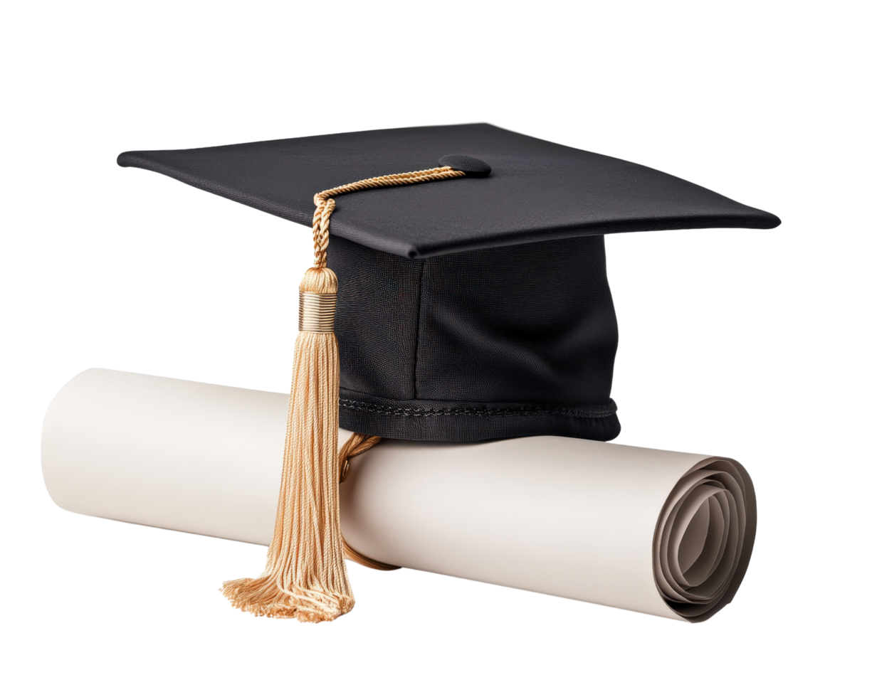 A graduation cap and diploma on a roll of paper png