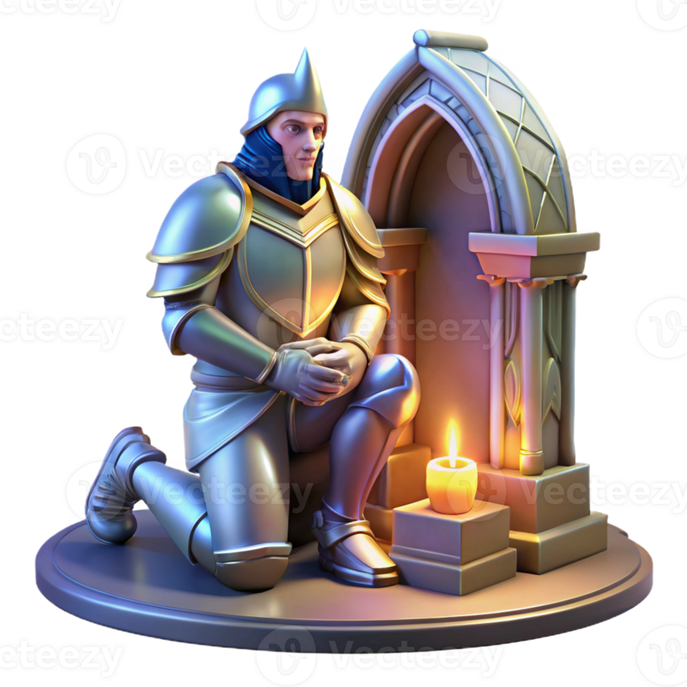stunning vintage A stoic knight in shining armor, kneeling before a mystical altar. Soft, glowing lighting. Medieval, heroic style premium png