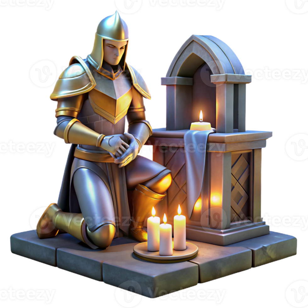 magnificent modern A stoic knight in shining armor, kneeling before a mystical altar. Soft, glowing lighting. Medieval, heroic style professional png