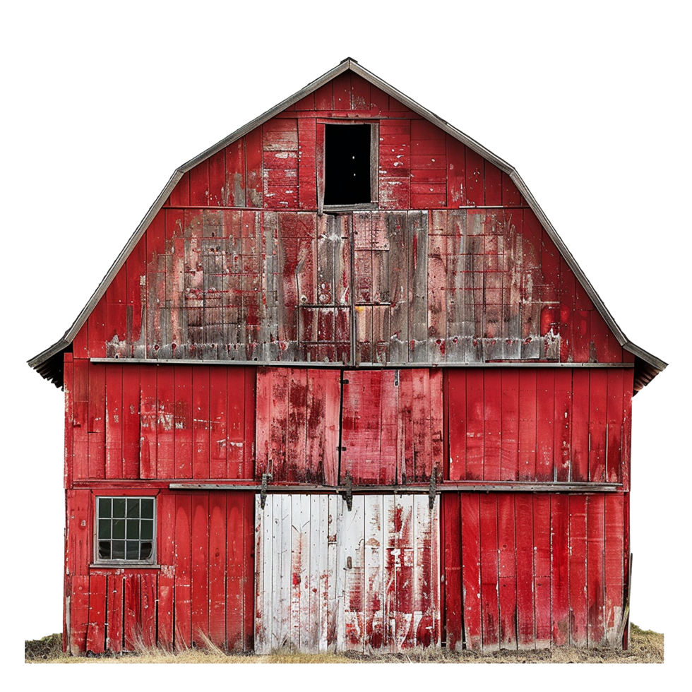 A weathered red barn stands tall against a pale sky, showcasing its rustic charm and the passage of time png