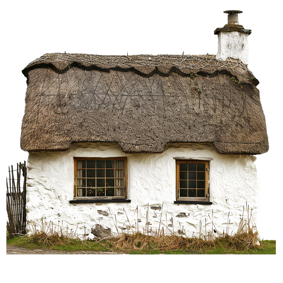 Charming Rustic Thatched Roof Cottage with Whitewashed Walls and Small Windows png