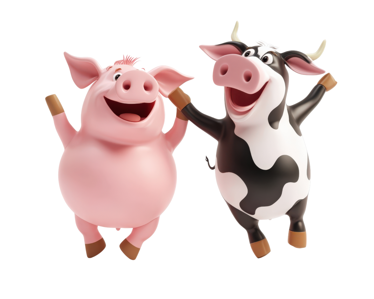 Two cartoon pigs are holding hands and jumping png