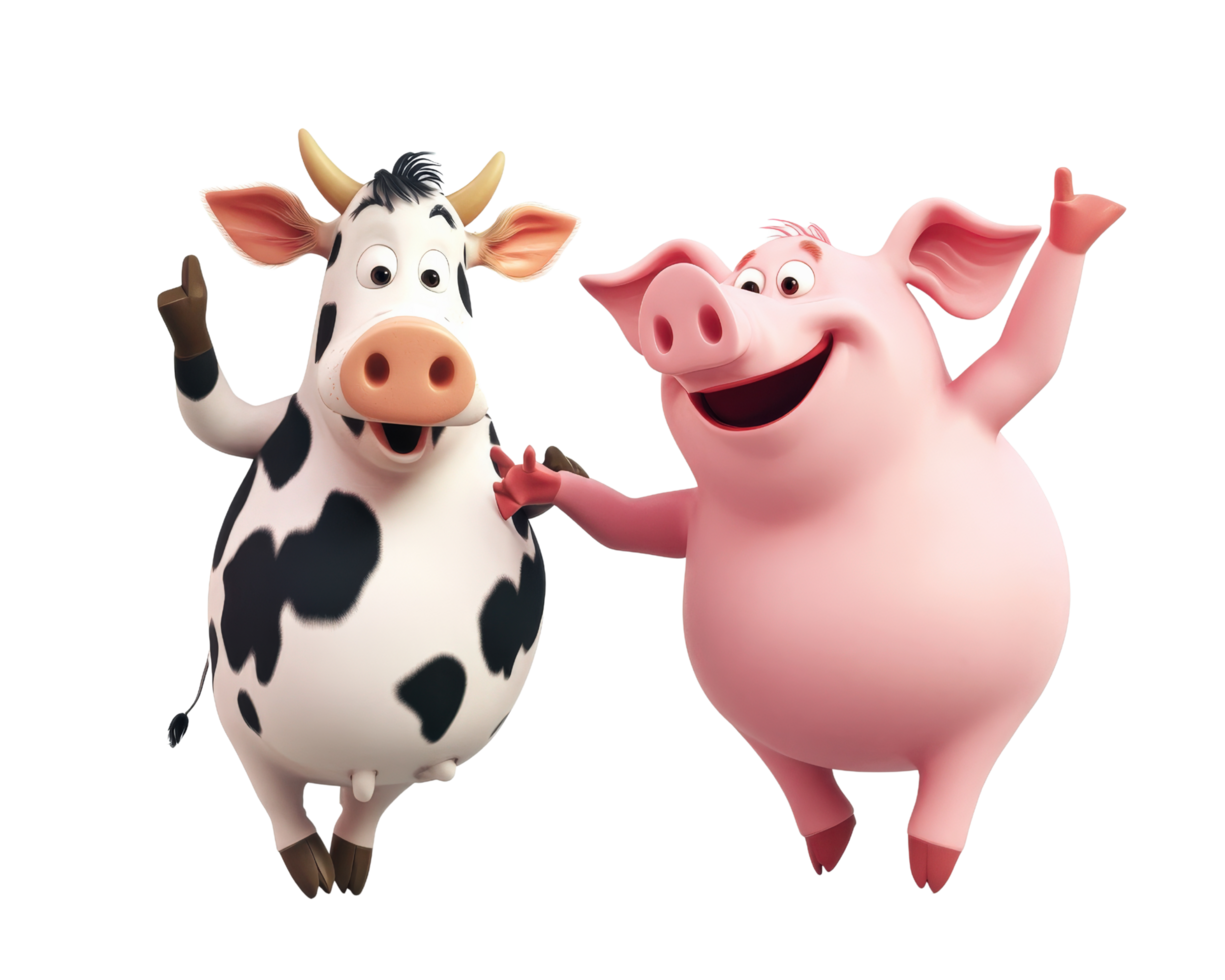 Two cartoon pigs and a cow are dancing png