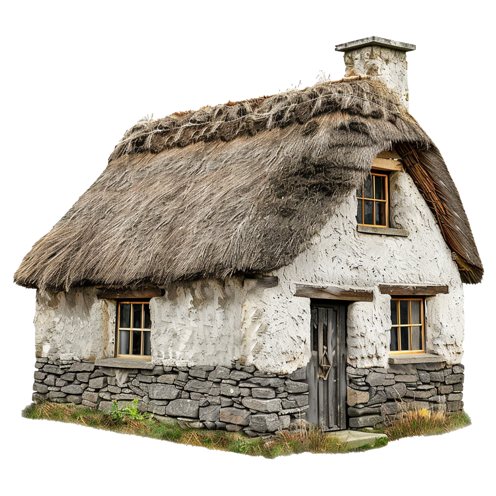 Charming Rustic ThatchedRoof Cottage with Stone Foundation png