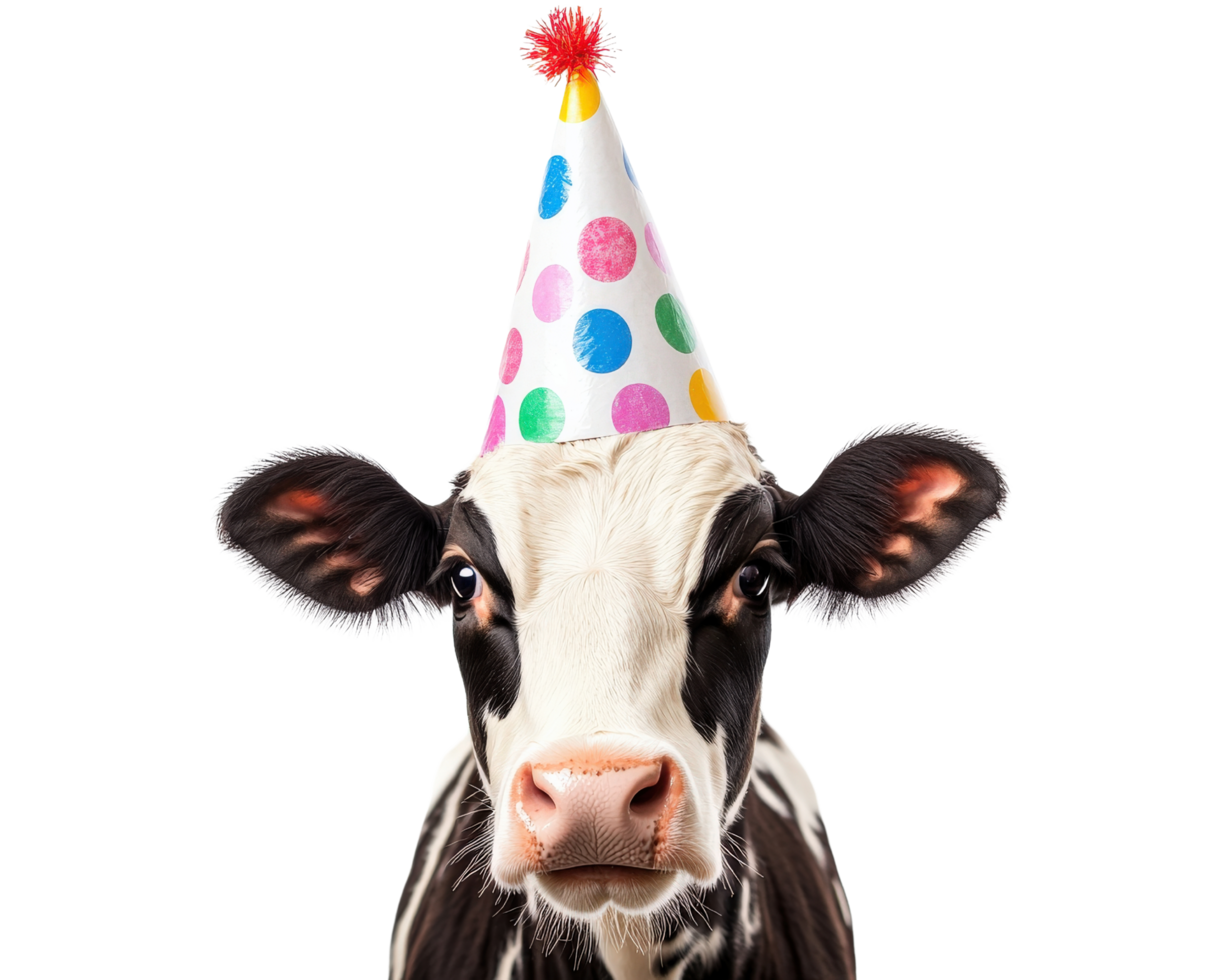 A cow wearing a party hat png