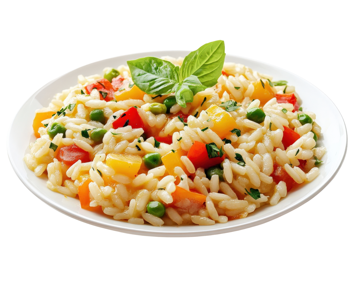 A plate of pasta with vegetables and basil png