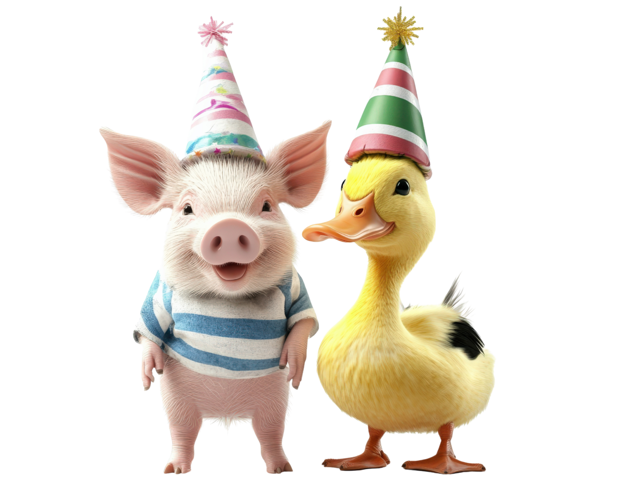 Two pigs wearing party hats and a duck wearing a birthday hat png