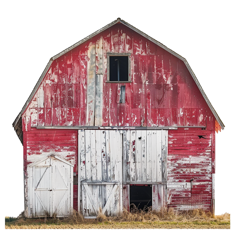 Rustic Red Barn with Weathered White Doors and Peeling Paint in a Farm Setting png