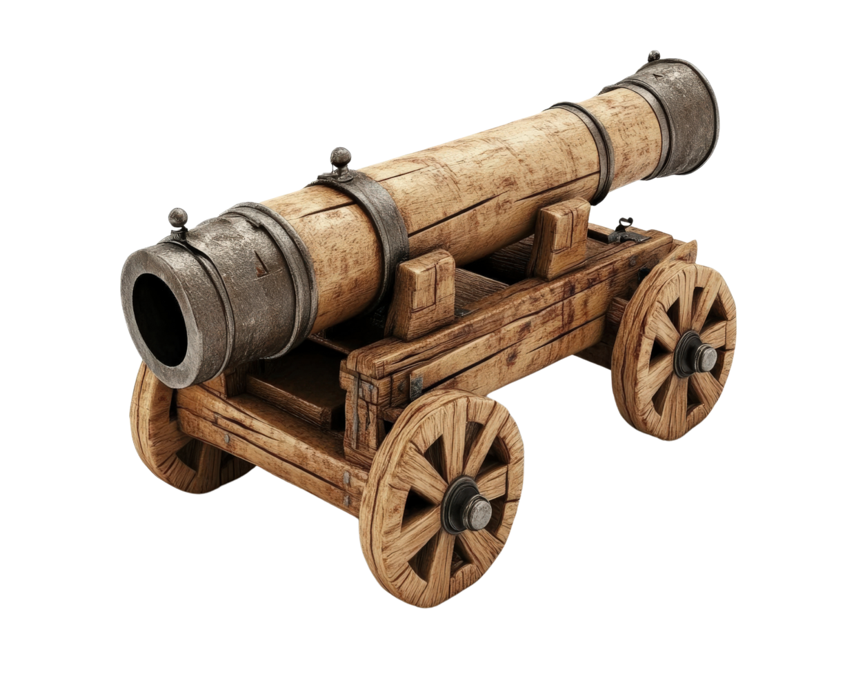 A wooden cannon on wheels with a black background png