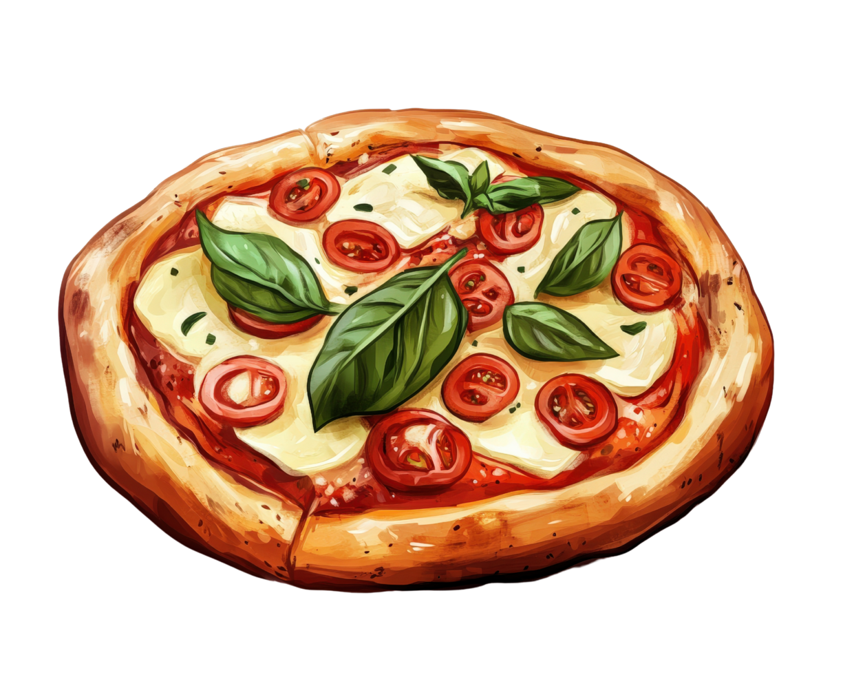 A pizza with cheese, tomatoes and basil leaves png
