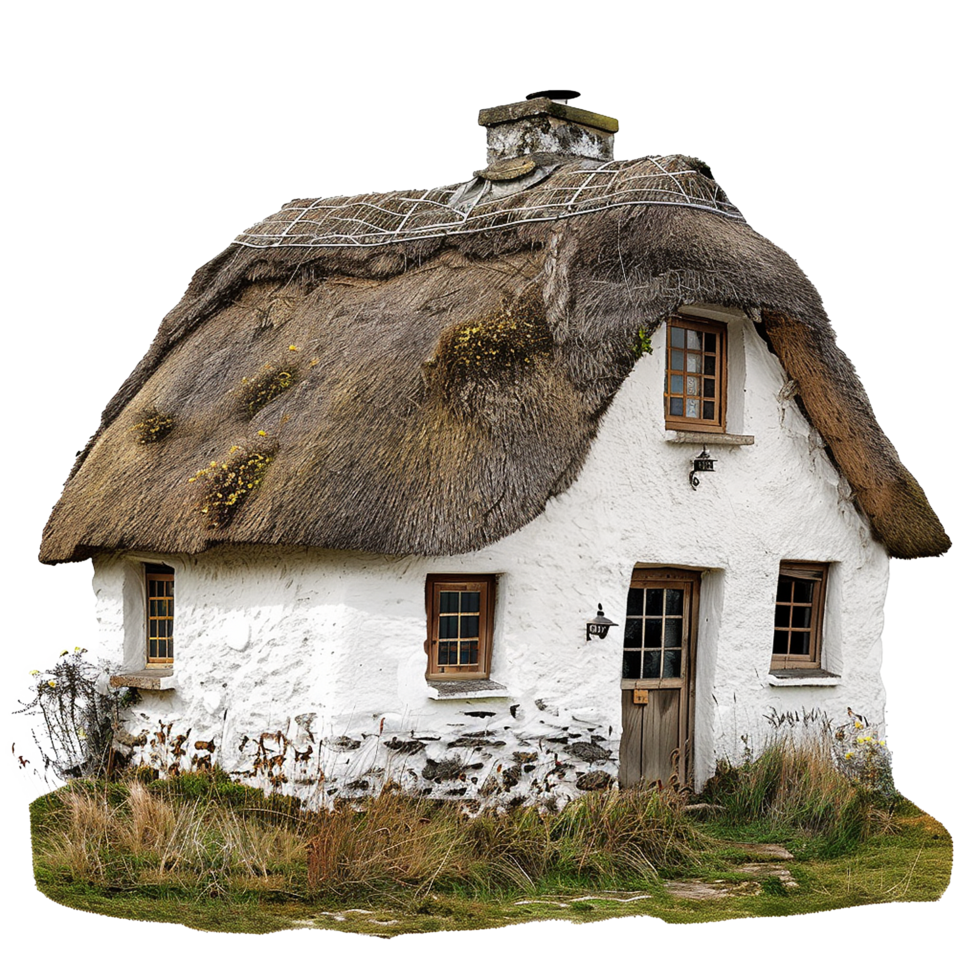 Charming ThatchedRoof Cottage in Rural Setting with Stone Walls and Small Windows png