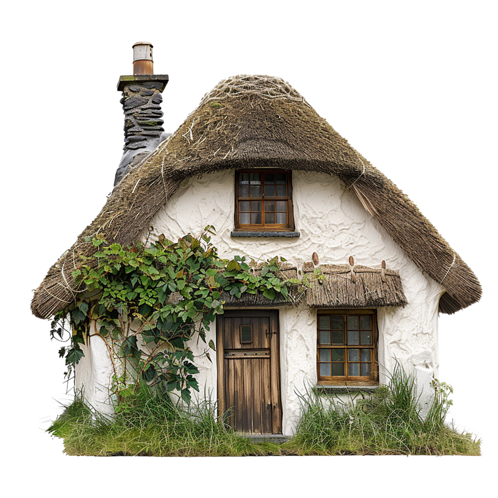 Charming Thatched Roof Cottage with Stone Chimney and Ivy png