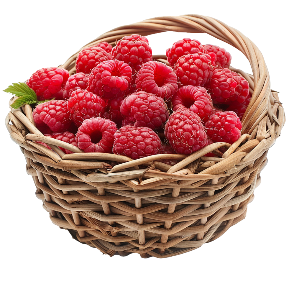 A wicker basket overflowing fresh ripe raspberries png