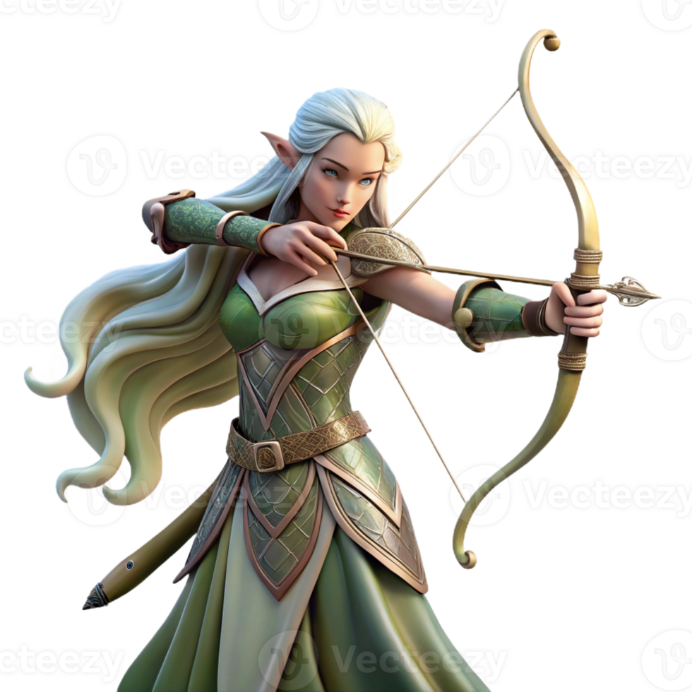 wonderful artistic A graceful elf archer with long, flowing hair and intricate elven armor, aiming her bow. Soft, forest lighting. Elegant, ethereal style authentic png
