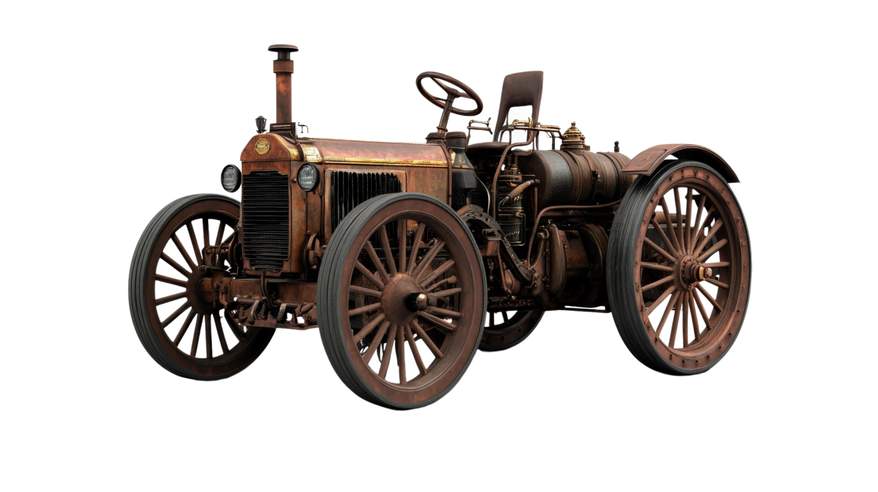 An old antique tractor is shown against a black background png