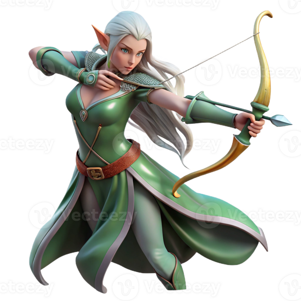 serene artistic A graceful elf archer with long, flowing hair and intricate elven armor, aiming her bow. Soft, forest lighting. Elegant, ethereal style exclusive png